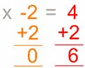 x - 2 = 4 adicione 2 à esquerda e à direita